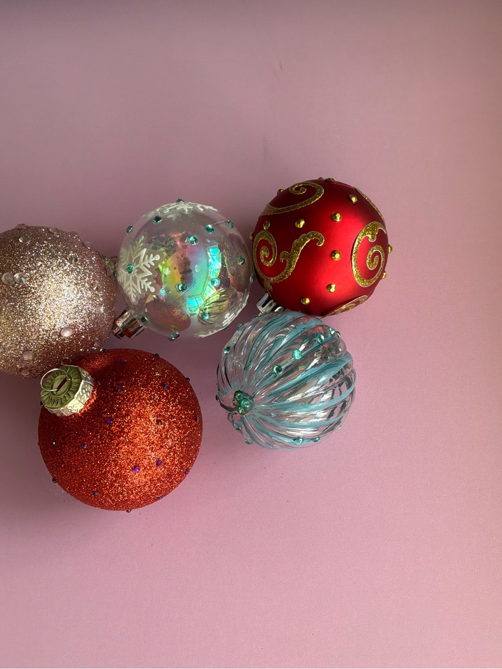 Hand Crafted Red, Gold, Pink, Clear, Blue Holiday Ornament Set